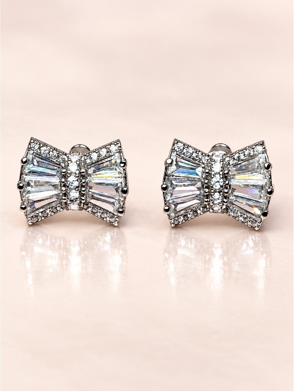 Silver Filled Baguette Bow CZ Diamond Stud Earrings Sparkly  Petite Ribbon